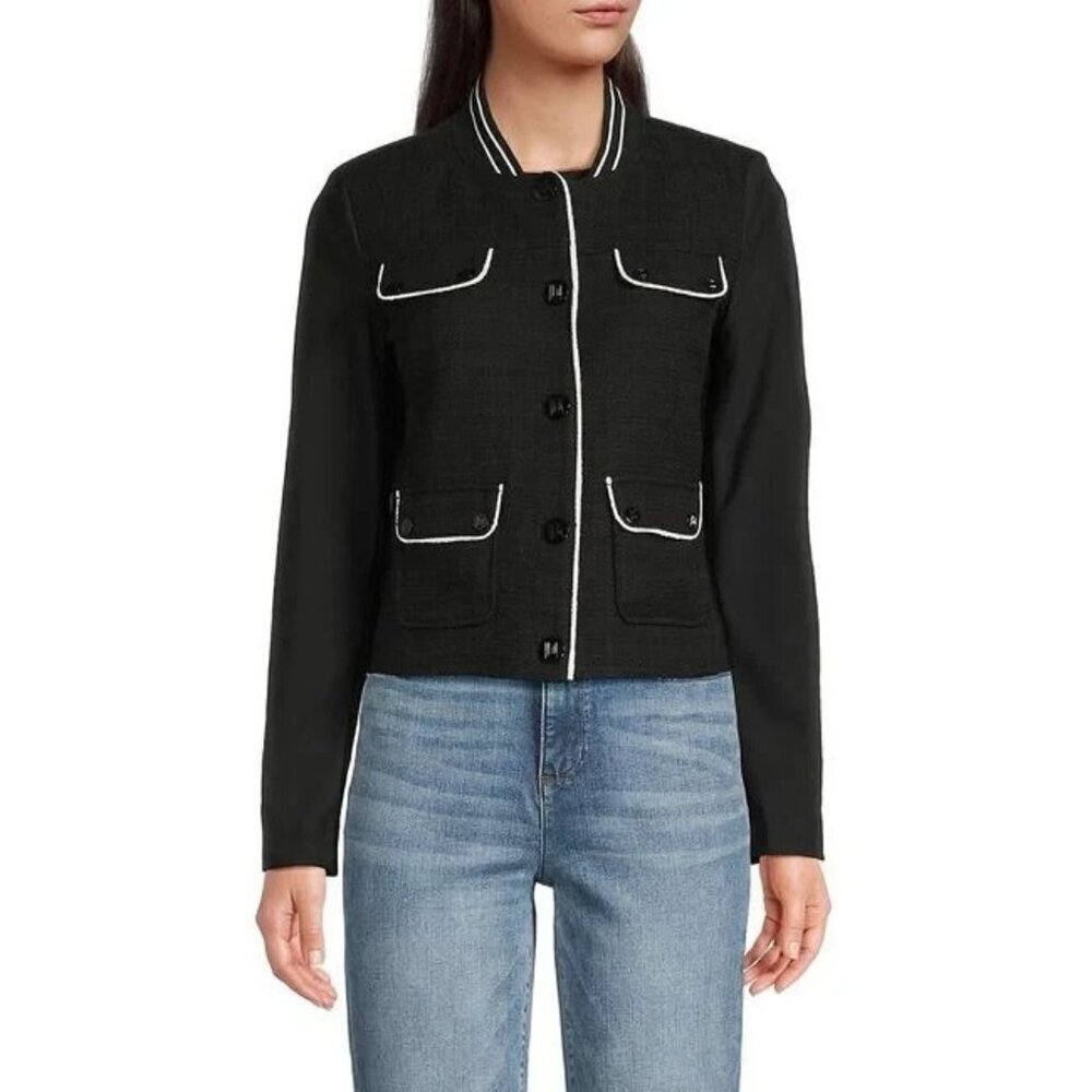 Karl Lagerfeld Baseball Collar Tweed Jacket Mixed Media Pockets Black size XL